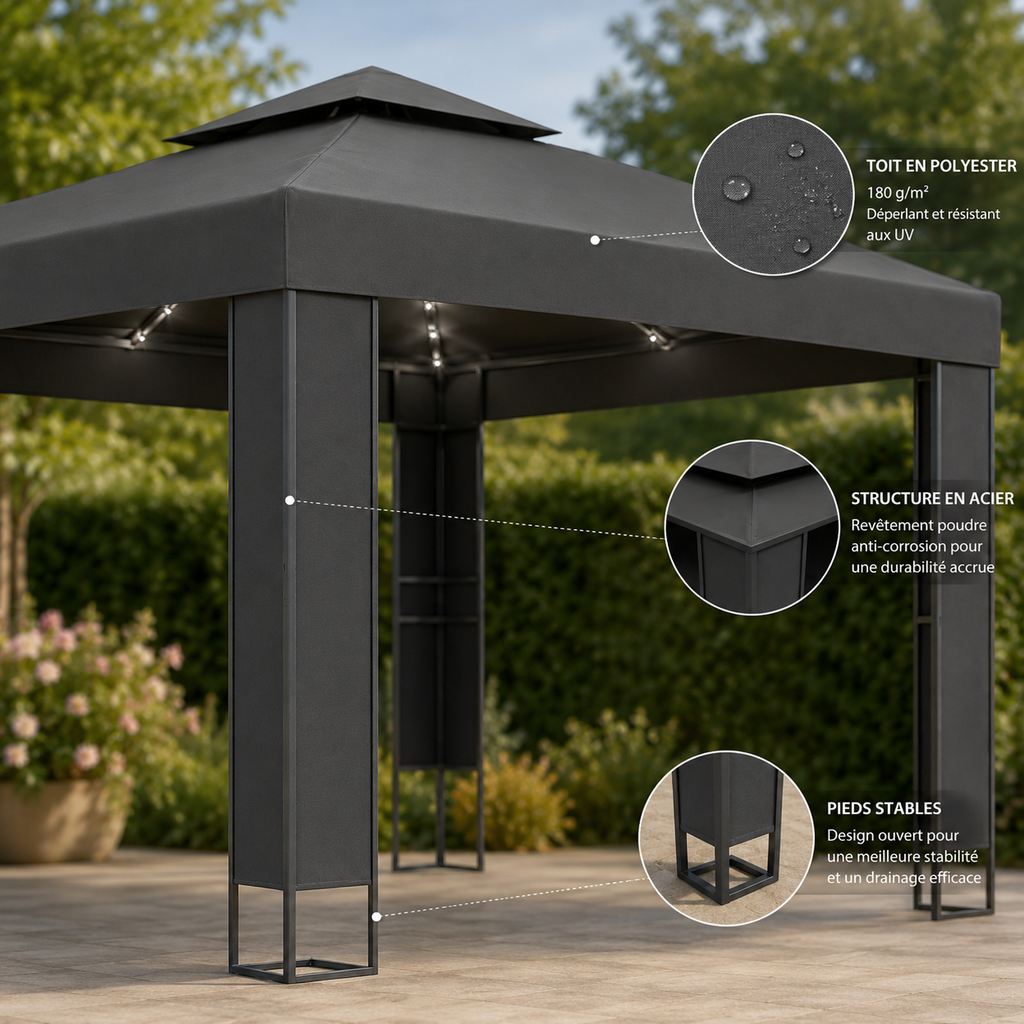Tonnelle de jardin lumières LED 3x3 m
