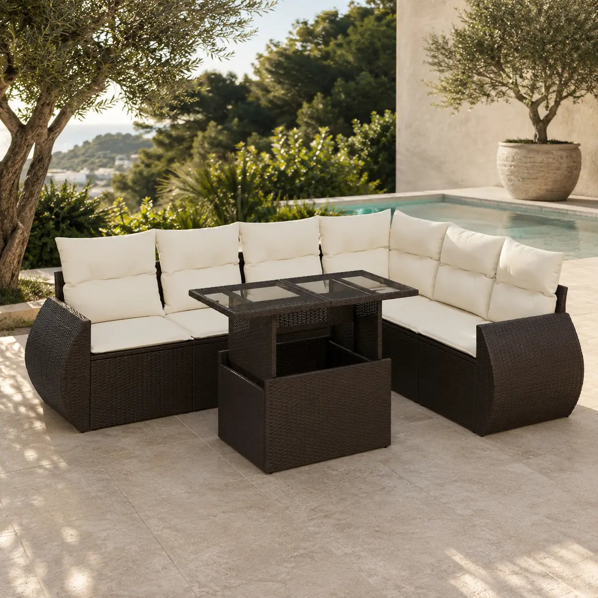 Salon de jardin en résine tressée avec coussins 7 places avec rangement