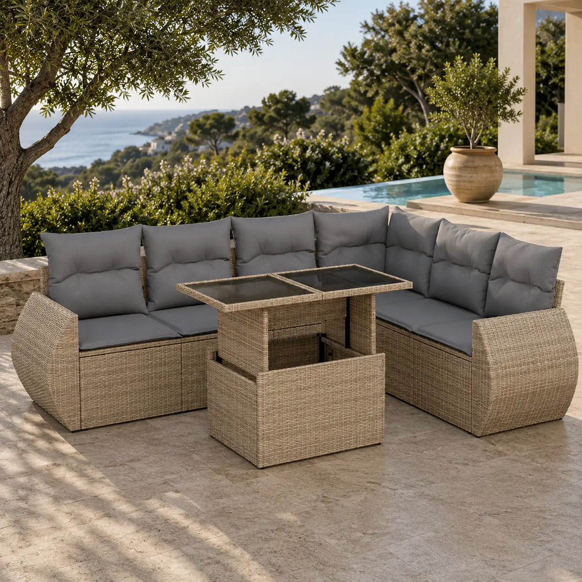 Salon de jardin en résine tressée avec coussins 7 places avec rangement