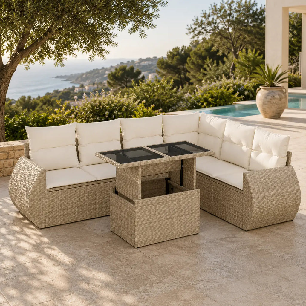 Salon de jardin en résine tressée avec coussins 7 places avec rangement