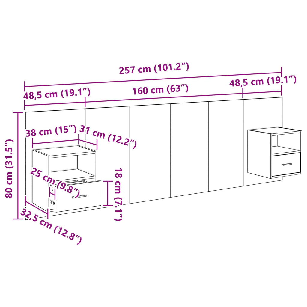 Tête de lit bois 160 cm étagères & tiroirs