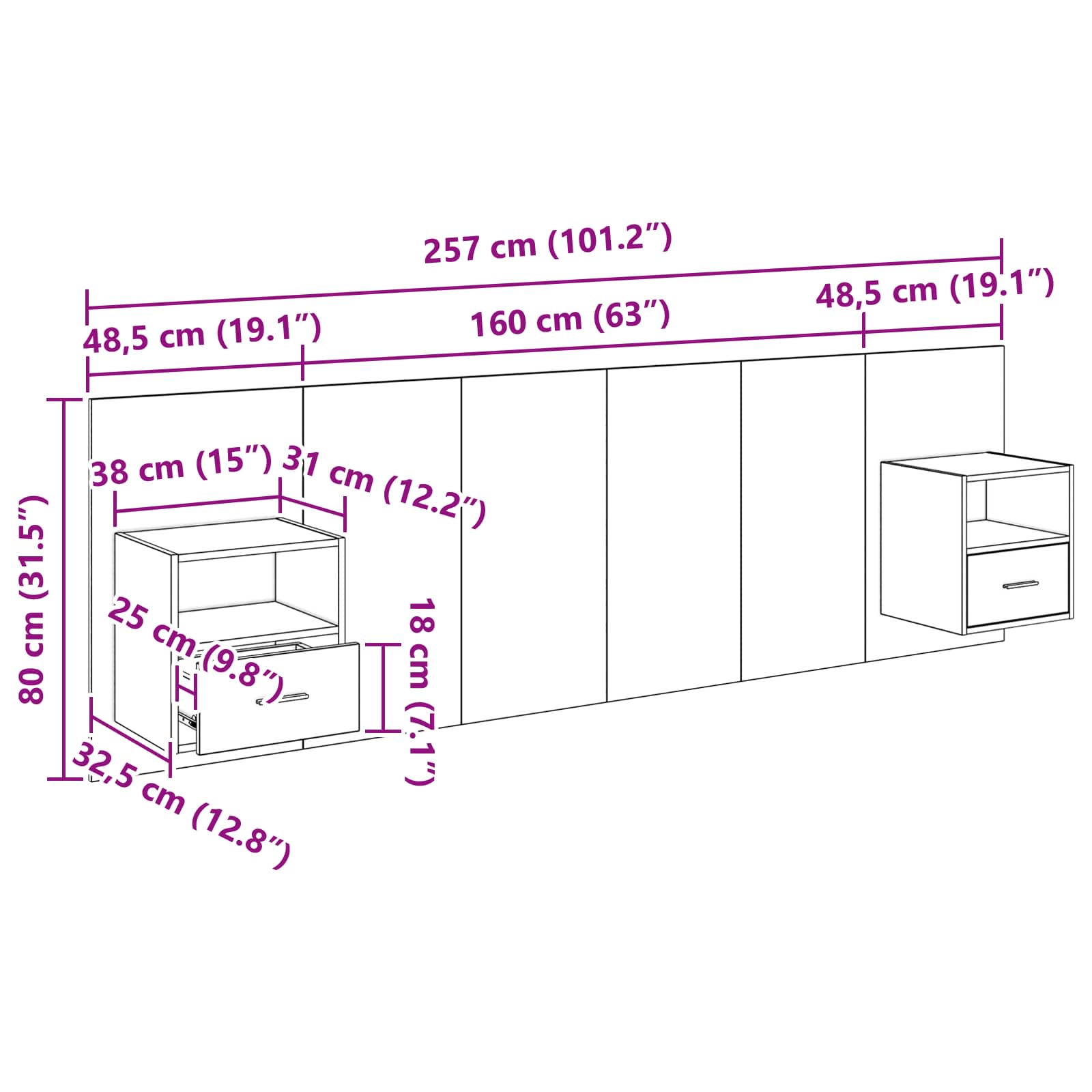 Tête de lit bois 160 cm étagères & tiroirs