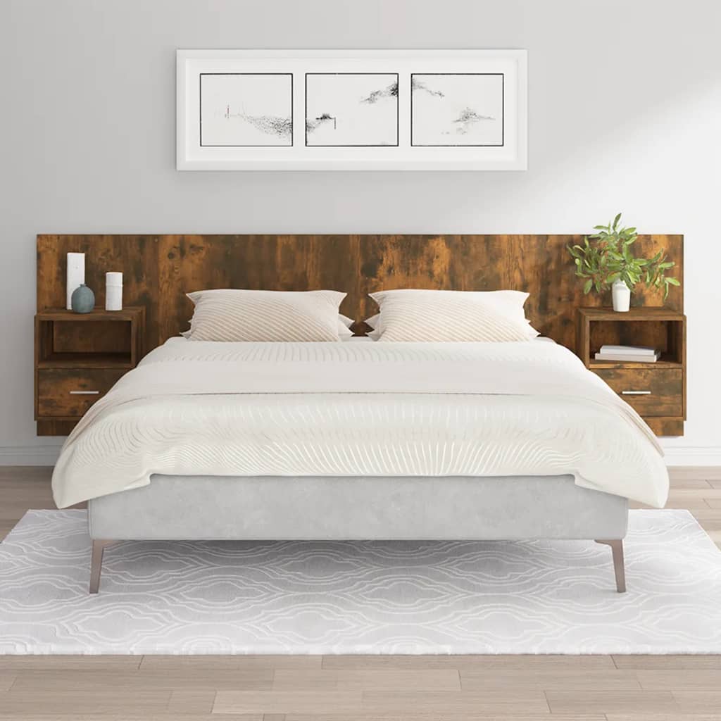 Tête de lit bois 160 cm étagères & tiroirs